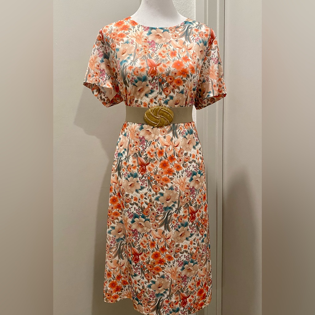 Vtg Peach Orange Floral Print Short Sleeve Midi Dress - Xl